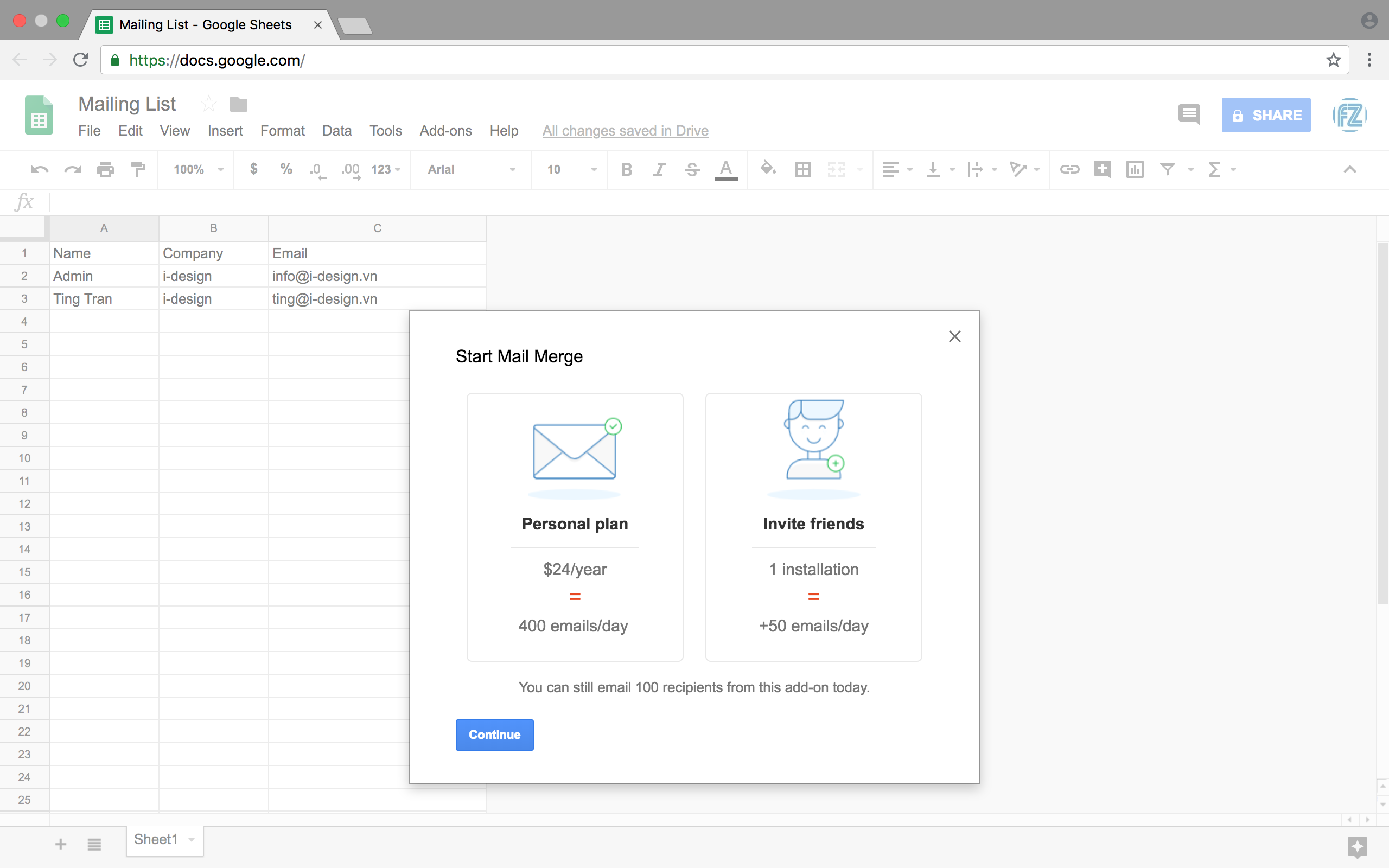 Mailing - Start Mail merge